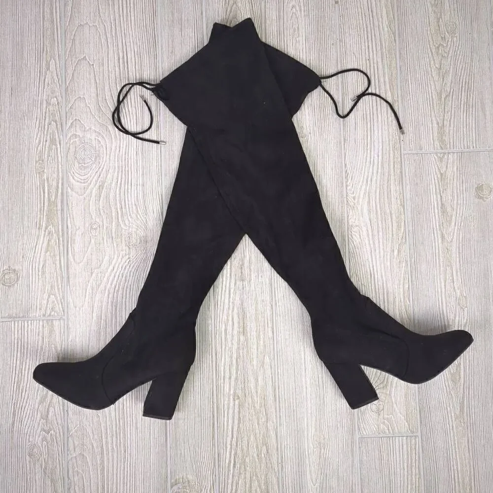 Unisa Black Over The Knee Stretch Heeled Boots Size 7 Medium Faux Suede